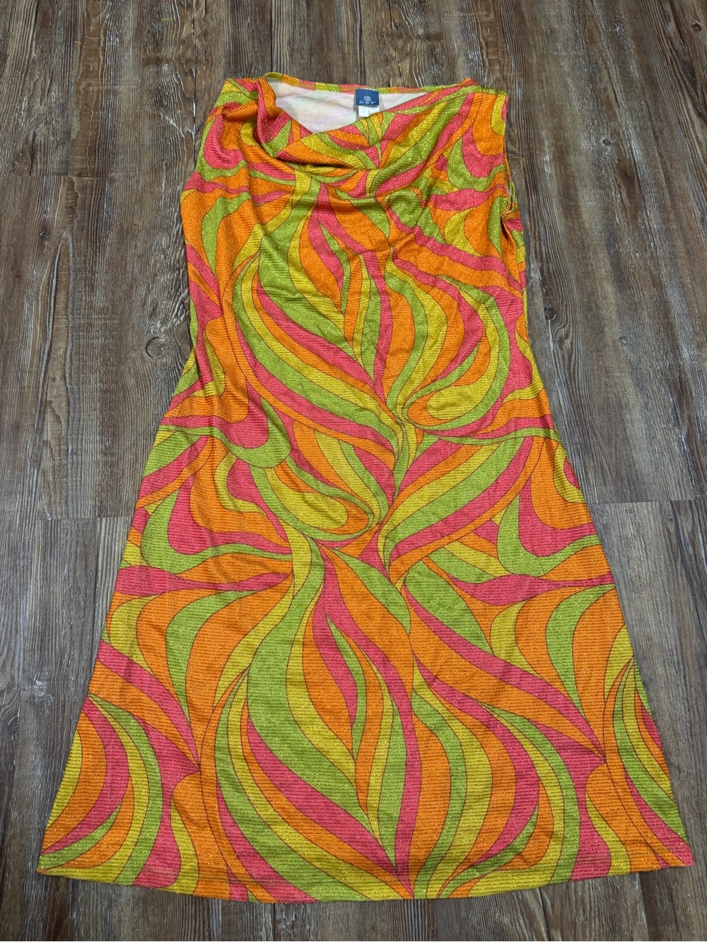 Vintage DGT 90s boho Mini Dress with orange, green, and pink swirling pattern